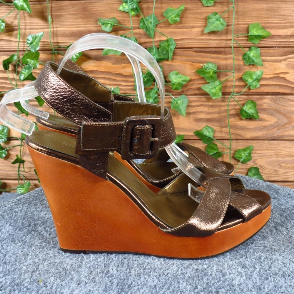 Nine West Janisha Women Wedge Sandals Size 10M Party Bronze Metallic Leather